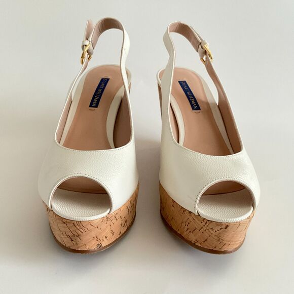 Stuart Weitzman Beige Leather Rinna Wedge Peep-toe Sling Back Sandals 8.5 - Picture 4 of 12